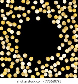 Frame with Gold Confetti Isolated on Black Background. Festive Pattern with Sparkles for Christmas and New Year Decoration, Birthday Invitation, Poster or Greeting Card. Wreath of Gold Confetti.
