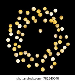 Frame with Gold Confetti Isolated on Black Background. Festive Pattern with Tinsels for Christmas and New Year Decoration, Birthday Invitation, Poster or Greeting Card. Wreath of Gold Confetti.