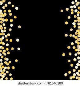 Frame with Gold Confetti Isolated on Black Background. Dark Festive Pattern with Glitter for Christmas and New Year Decoration, Birthday Invitation, Poster or Greeting Card. Vector Gold Confetti.