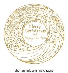  Frame gold curls round. Backdrop ornament curls gold line. Merry Christmas and happy new year.  Vector illustration isolated on white background. 