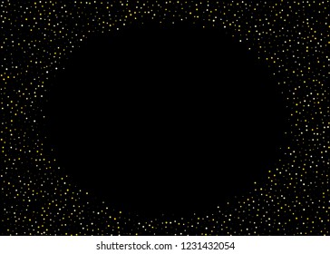 Frame with Gold dust on a black background. Small particles, Golden glitter, confetti, sequins in the form of moving waves. Luxury pattern. Vector illustration