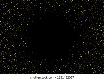 Frame with Gold dust on a black background. Small particles, Golden glitter, confetti, sequins in the form of moving waves. Luxury pattern. Vector illustration
