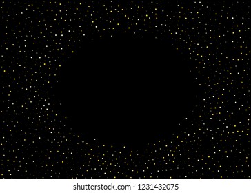 Frame with Gold dust on a black background. Small particles, Golden glitter, confetti, sequins in the form of moving waves. Luxury pattern. Vector illustration