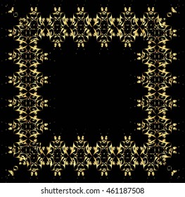 Frame of gold lines, abstract, floral, vintage Golden pattern of square frames on a black background.