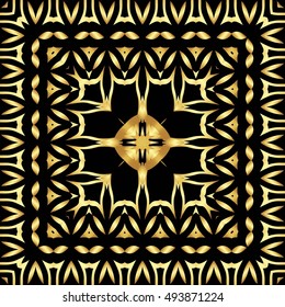 Frame of gold lines, abstract floral vintage Golden pattern of square frames on a black background.
