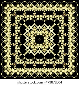 Frame of gold lines, abstract, floral, vintage Golden pattern of square frames on a black background.
