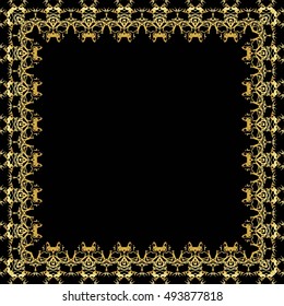 Frame of gold lines, abstract, floral, vintage Golden pattern of square frames on a black background.


