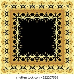 Frame of gold lines, abstract, floral, vintage Golden pattern of square frames on a black background.
