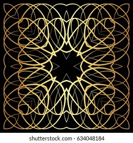 Frame of gold lines, abstract, floral, vintage Golden pattern of square frames on a black background.
