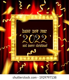 Frame with gold numerals of the year 2022. Handwritten brush letters in gold color. Happy 2022 tiger year
