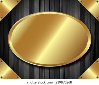 Frame with a gold plate on dark wooden background