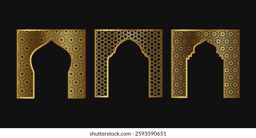 Frame gold shape set. Islamic door window and arch design. Oriental architecture elements template. Vector illustration