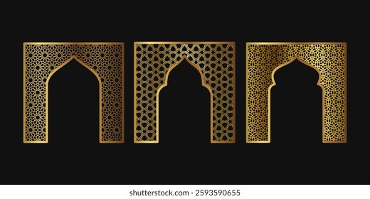 Frame gold shape set. Islamic door window and arch design. Oriental architecture elements template. Vector illustration
