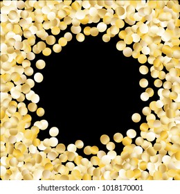 Frame with Golden Confetti Isolated on Black Background. Festive Pattern with Tinsels for Christmas and New Year Decoration, Birthday Invitation, Poster or Greeting Card. Wreath of Gold Confetti.