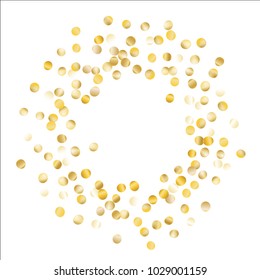 Frame with Golden Confetti Isolated on White Background. Festive Pattern with Tinsels for Christmas and New Year Decoration, Birthday Invitation, Poster or Greeting Card. Wreath of Gold Confetti.
