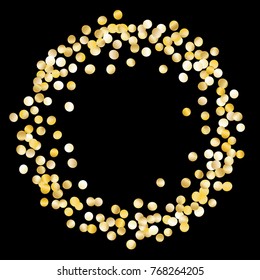Frame with Golden Confetti Isolated on Black Background. Festive Pattern with Tinsels for Christmas and New Year Decoration, Birthday Invitation, Poster or Greeting Card. Wreath of Gold Confetti.