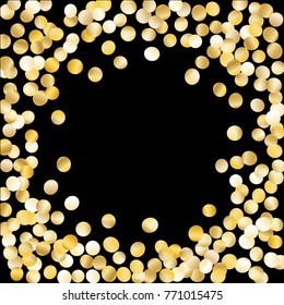 Frame with Golden Confetti Isolated on Black Background. Festive Pattern with Glitter for Christmas and New Year Decoration, Birthday Invitation, Poster or Greeting Card. Wreath of Gold Confetti.