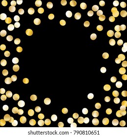 Frame with Golden Confetti Isolated on Black Background. Festive Pattern with Tinsels for Christmas and New Year Decoration, Birthday Invitation, Poster or Greeting Card. Wreath of Gold Confetti.