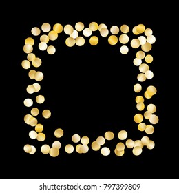 Frame with Golden Confetti Isolated on Black Background. Dark Festive Pattern with Tinsels for Christmas and New Year Decoration, Birthday Invitation, Poster or Greeting Card. Vector Gold Confetti.