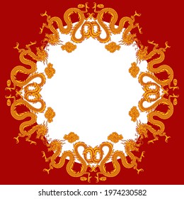 Frame with golden dragons on a red background for decoration or advertising to greet any festival. Vector illustration 