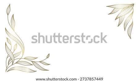 Frame with golden line art branches and leaves. Abstract floral background. Corner decor. Vector illustration	