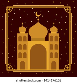 frame with golden mosque building with stars sky