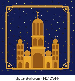 frame with golden mosque building with stars sky