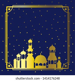 frame with golden mosque building with stars sky