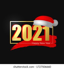 Frame with golden number 2021 in 3d realistic red santa claus hat. Merry Christmas, Happy New Year celebration card, poster, banner template on black. Vector illustration. Calendar sign cover design.