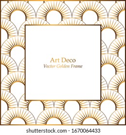 Frame with golden pattern. Shells ornament white background. Vector luxury frame. 1920-30s motifs. Square frame with place for your text. For invitations, greeting cards, covers, wedding invitations.