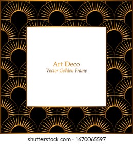 Frame with golden pattern. Shells ornament white background. Vector luxury frame. 1920-30s motifs. Square frame with place for your text. For invitations, greeting cards, covers, wedding invitations.