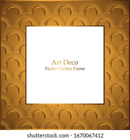 Marco con motivos dorados. Conchas ornamento fondo dorado. Marco vectorial de lujo. Motivos de los años 1920-30. Marco cuadrado con lugar para el texto. Para invitaciones, tarjetas de felicitación, portadas, invitaciones de boda.