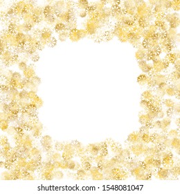 Frame of Golden Snowflakes. Golden Christmas Pattern. Colorful Decoration for Holiday Card Wallpaper Banner. Realistic Glitter. Isolated Christmas Pattern. Vector.
