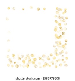 Frame of Golden Snowflakes. Golden Christmas Pattern. Festive Decoration for Holiday Banner Cover Poster. Realistic Glitter. Isolated Christmas Pattern. Vector.