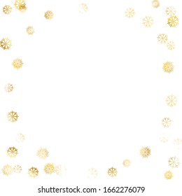 Frame of Golden Snowflakes. Golden Christmas Pattern. Bright Decoration for Holiday Banner Card Poster. Realistic Glitter. Isolated Christmas Pattern. Vector.