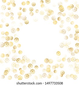 Frame of Golden Snowflakes. Golden New Year Pattern. Colorful Decoration for Holiday Poster Wallpaper Banner. Realistic Glitter. Isolated New Year Pattern. Vector.