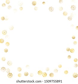 Frame of Golden Snowflakes. Golden New Year Background. Bright Decoration for Holiday Card Poster Print. Realistic Glitter. Isolated NewYear Background. Vector.
