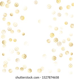Frame of Golden Snowflakes. Golden New Year Background. Colorful Decoration for Holiday Poster Cover Print. Realistic Glitter. Isolated NewYear Background. Vector.