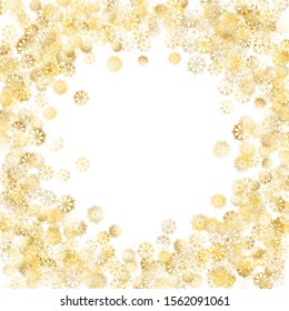 Frame of Golden Snowflakes. Golden New Year Pattern. Bright Decoration for Holiday Wallpaper Cover Card. Realistic Glitter. Isolated New Year Pattern. Vector.