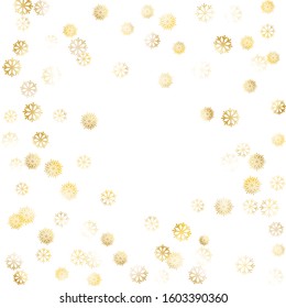 Frame of Golden Snowflakes. Golden New Year Pattern. Colorful Decoration for Holiday Card Poster Cover. Realistic Glitter. Isolated New Year Pattern. Vector.
