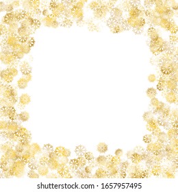 Frame of Golden Snowflakes. Golden New Year Pattern. Colorful Decoration for Holiday Poster Print Card. Realistic Glitter. Isolated New Year Pattern. Vector.