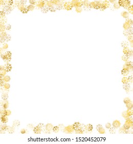 Frame of Golden Snowflakes. Golden Party Background. Bright Decoration for Holiday Card Print Banner. Realistic Glitter. Isolated Party Background. Vector.