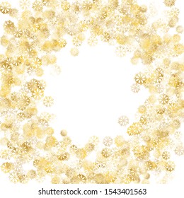 Frame of Golden Snowflakes. Golden Party Background. Colorful Decoration for Holiday Poster Card Wallpaper. Realistic Glitter. Isolated Party Background. Vector.