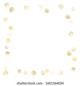 Frame of Golden Snowflakes. Golden Party Background. Bright Decoration for Holiday Card Poster Wallpaper. Realistic Glitter. Isolated Party Background. Vector.