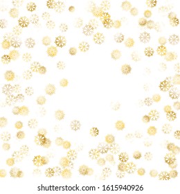 Frame of Golden Snowflakes. Golden Party Background. Trendy Decoration for Holiday Poster Print Banner. Realistic Glitter. Isolated Party Background. Vector.