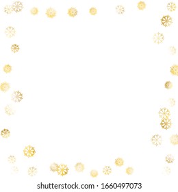 Frame of Golden Snowflakes. Golden Party Background. Bright Decoration for Holiday Print Banner Poster. Realistic Glitter. Isolated Party Background. Vector.