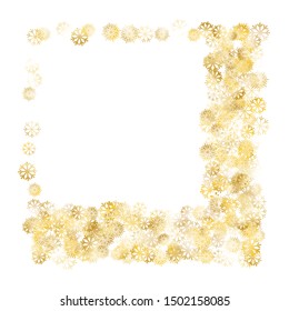 Frame of Golden Snowflakes. Golden Party Pattern. Trendy Decoration for Holiday Banner Poster Wallpaper. Realistic Glitter. Isolated Party Pattern. Vector.