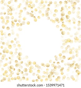 Frame of Golden Snowflakes. Golden Party Pattern. Bright Decoration for Holiday Wallpaper Card Banner. Realistic Glitter. Isolated Party Pattern. Vector.