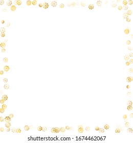 Frame of Golden Snowflakes. Golden Party Pattern. Colorful Decoration for Holiday Print Banner Cover. Realistic Glitter. Isolated Party Pattern. Vector.