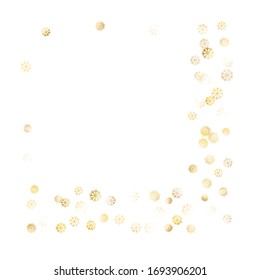 Frame of Golden Snowflakes. Golden Party Pattern. Bright Decoration for Holiday Banner Card Cover. Realistic Glitter. Isolated Party Pattern. Vector.